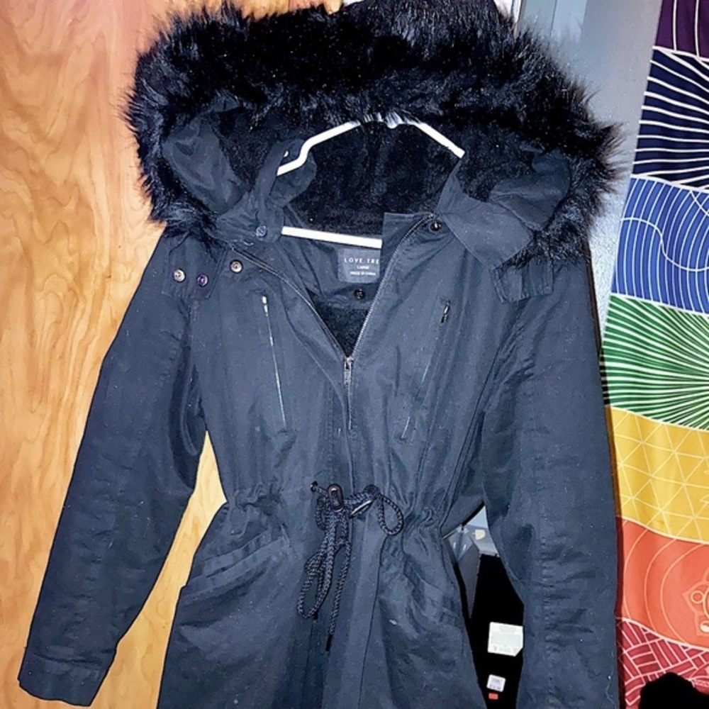 Black Fur Lined Utility Jacket With a A Removable Hood 🧥